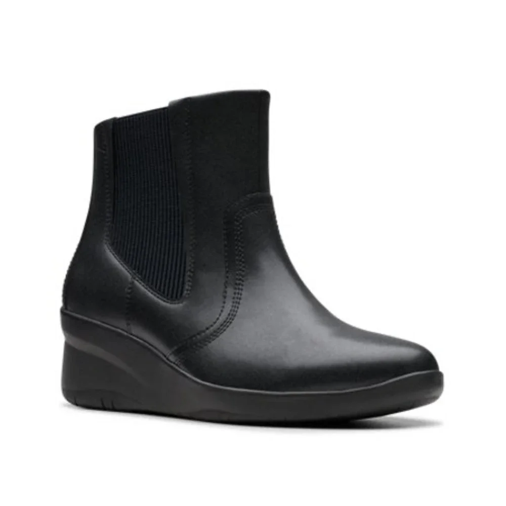 Clarks Suttyn Rae Black Leather Wedge Ankle Boots Womens 9 M‎ 261801384065